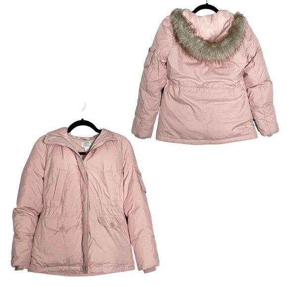 Ann Taylor LOFT Pink Puffer Faux Fur Hooded Down Jacket Size XS Petite - Picture 1 of 15